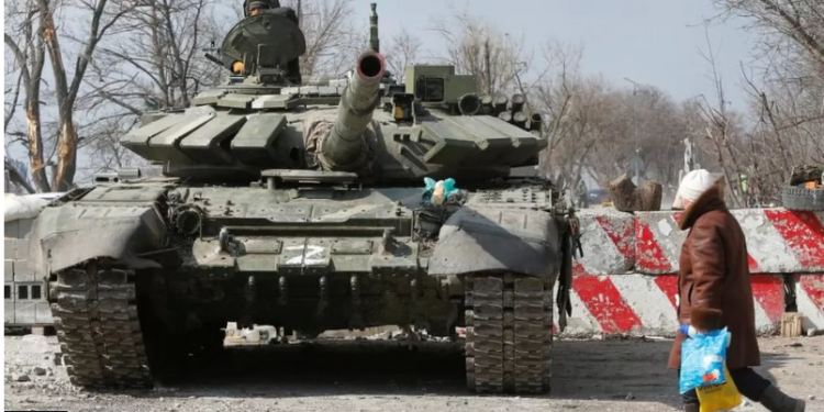 A Russian tank in the occupied Ukrainian city of Mariupol in March last year