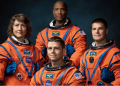 The Artemis II lunar flyby mission crew members include (from left): NASA astronauts Christina Koch, Victor Glover, Reid Wiseman (foreground) and Canadian Space Agency astronaut Jeremy Hansen.