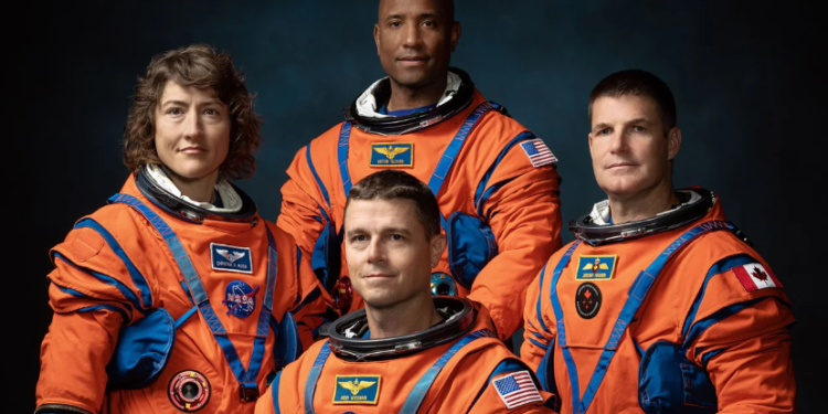 The Artemis II lunar flyby mission crew members include (from left): NASA astronauts Christina Koch, Victor Glover, Reid Wiseman (foreground) and Canadian Space Agency astronaut Jeremy Hansen.