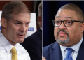 At left, Rep. Jim Jordan speaks during a news conference at the Capitol on November 17, 2022 in Washington, DC. At right, Manhattan District Attorney Alvin Bragg speaks during a press conference on April 4, 2023 in New York City.