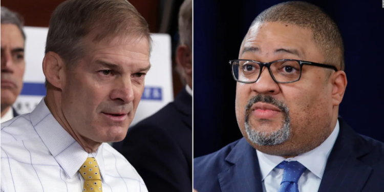 At left, Rep. Jim Jordan speaks during a news conference at the Capitol on November 17, 2022 in Washington, DC. At right, Manhattan District Attorney Alvin Bragg speaks during a press conference on April 4, 2023 in New York City.