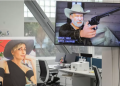 An animation depicts Mr Baldwin holding the gun that killed Ms Hutchins (left)