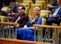 Elizabeth Whelan, sister of Paul Whelan, sits in the gallery during a meeting of the U.N. Security Council as Russia's foreign minister Sergey Lavrov speaks on April 24, 2023, at United Nations headquarters, New York. (John Minchillo/AP)