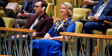 Elizabeth Whelan, sister of Paul Whelan, sits in the gallery during a meeting of the U.N. Security Council as Russia's foreign minister Sergey Lavrov speaks on April 24, 2023, at United Nations headquarters, New York. (John Minchillo/AP)