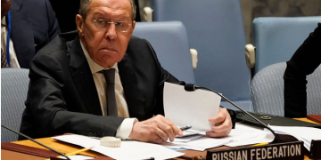 Russian Foreign Minister Sergey Lavrov chairs a Security Council meeting on defending the principles of the UN Charter at UN Headquarters in New York on Monday, April 24. (Timothy A. Clary/AFP)