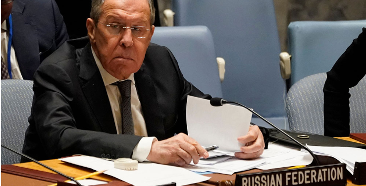 Russian Foreign Minister Sergey Lavrov chairs a Security Council meeting on defending the principles of the UN Charter at UN Headquarters in New York on Monday, April 24. (Timothy A. Clary/AFP)