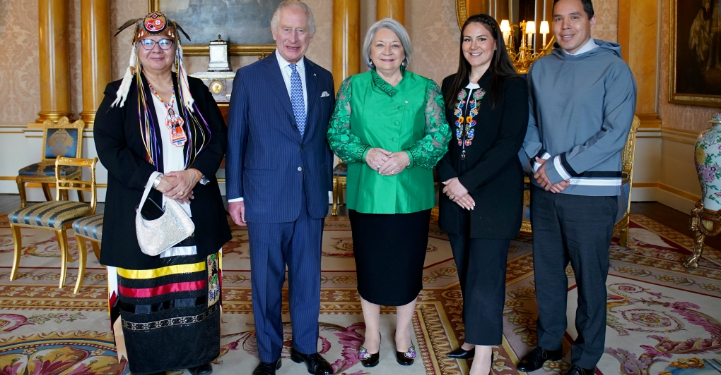 King Charles held an audience with Canadian Indigenous leaders on May 5, 2023 at Buckingham Palace in London. From left to right: Assembly of First Nations Chief RoseAnne Archibald, King Charles III, Governor General Mary Simon, Métis National Council president Cassidy Caron and Inuit Tapiriit Kanatami president Natan Obed. (Buckingham Palace