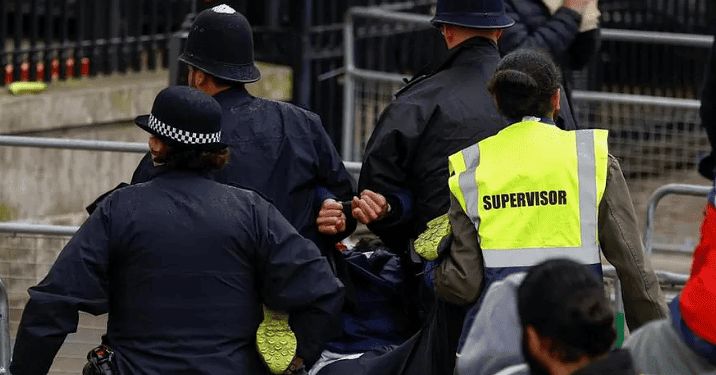 Police detain a protester