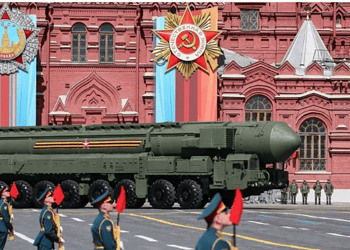A Russian Yars intercontinental ballistic missile launcher on show during the military parade on Red Square in Moscow