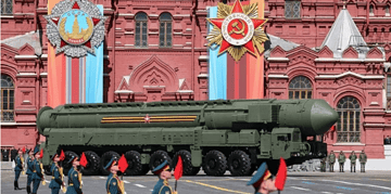 A Russian Yars intercontinental ballistic missile launcher on show during the military parade on Red Square in Moscow