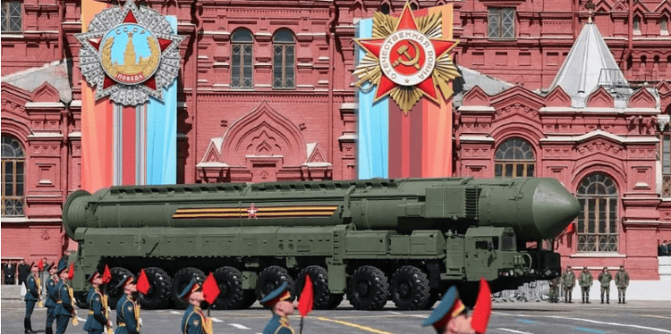 A Russian Yars intercontinental ballistic missile launcher on show during the military parade on Red Square in Moscow